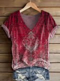 Women's Retro Ethnic Totem Print V-Neck Short Sleeve Cotton T-Shirt