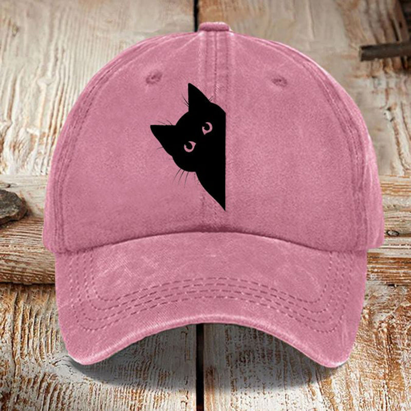 Comstylish Japanese Art Black Cat Print Washed Sun Hat