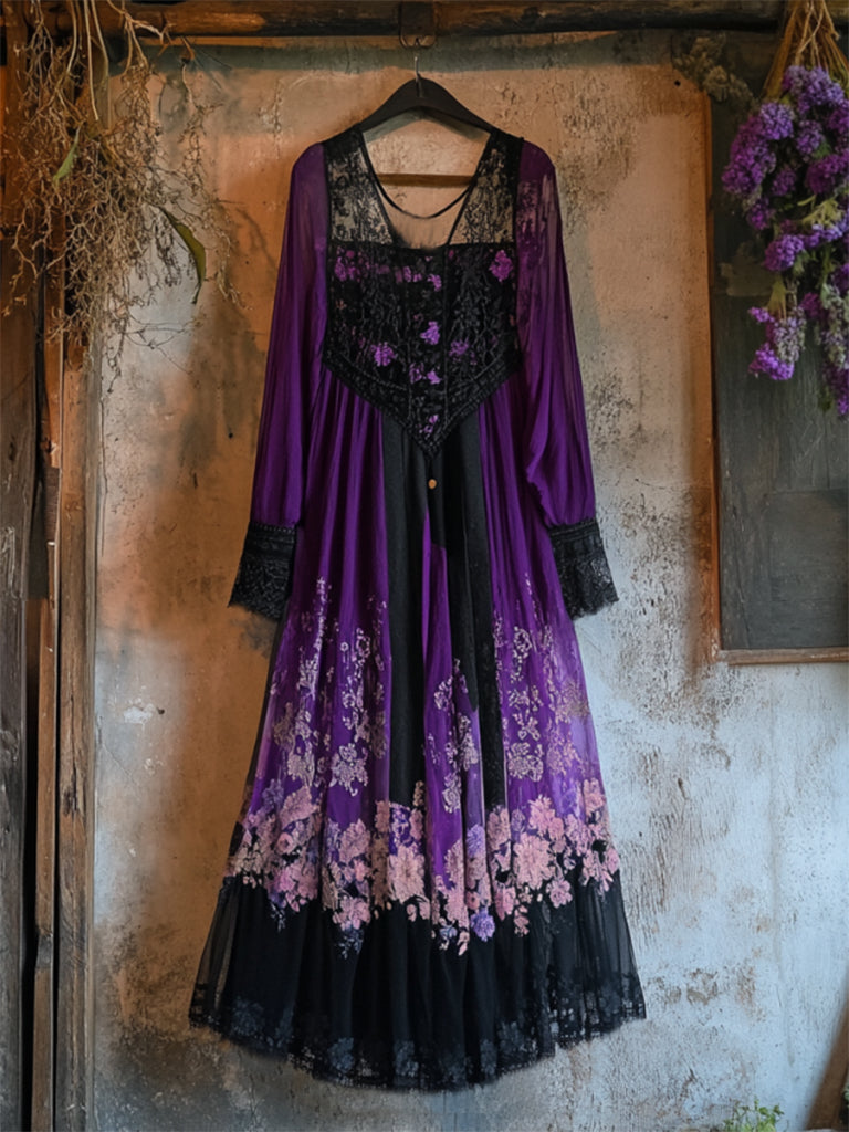 Vintage Lavender Gradient Lace Art Linen V Neck Maxi Dress artswardrobe