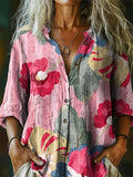 Women's Floral Tattoo Pattern Art Print Casual Cotton Linen Shirt