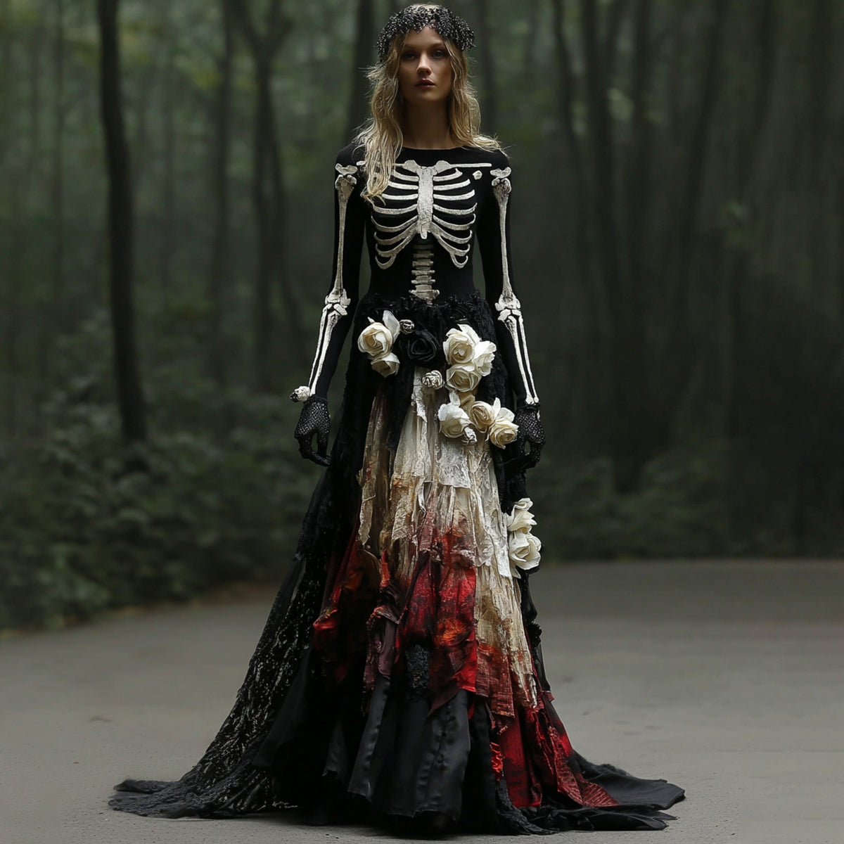 Comstylish Halloween Skeleton Bones With Rose Art Linen Maxi Dress