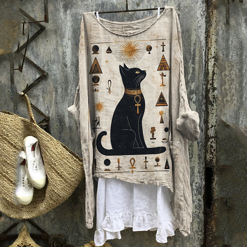 Comstylish Black Cat Ancient Egyptian Art Flowy Linen Tunic