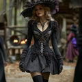 Comstylish Women's Halloween Rose Skeleton Gothic Witch Black Stripes Midi Dress