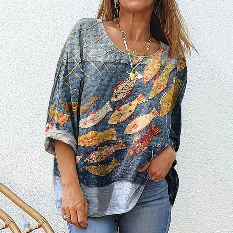 Fish Art Print Cotton And Linen Women's Casual Shirt artswardrobe