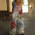 Women's Independence Day Vintage Botanical Floral Patchwork Flag Pattern Art Button Casual Jumpsuit artswardrobe