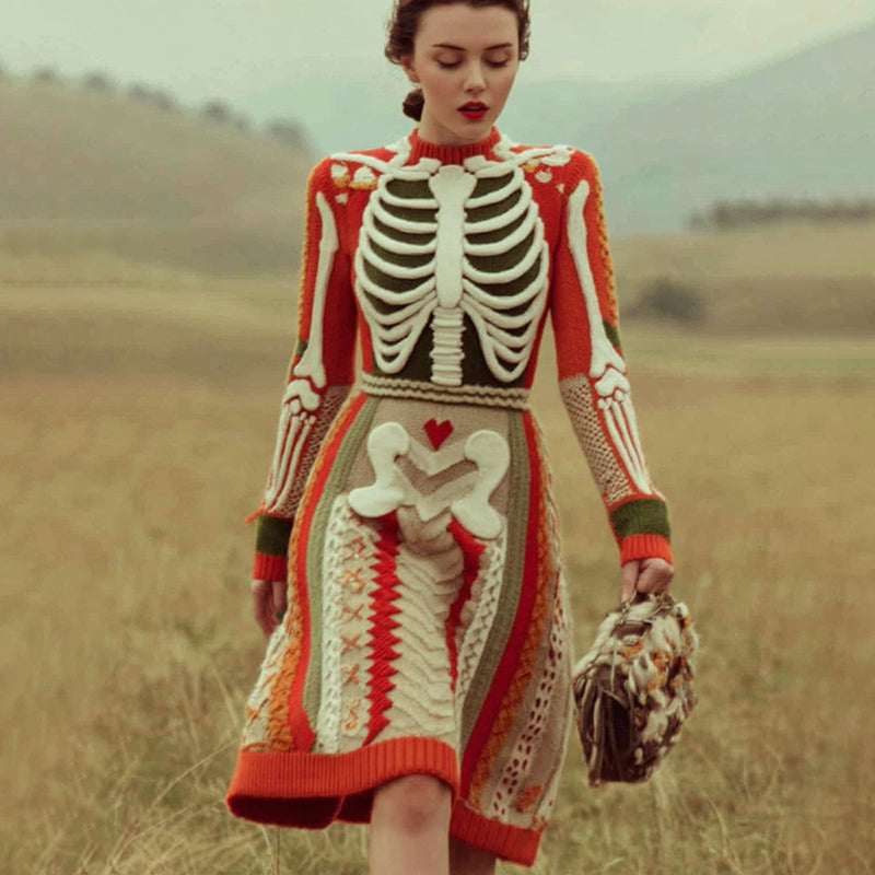 Comstylish Women's Vintage Skull Rib Pattern Cozy Knit Mini Dress
