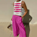 Linen Blend Unique Print Tank And Elastic Waist Pocketed Pants Set artswardrobe