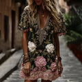 Women's Classic Romantic Pink Rose Embroidery Art Comfy Linen Mini Dress artswardrobe