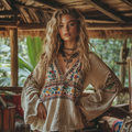 Retro Boho Tribal Embroidery Print Cotton And Linen Blend Loose Blouse artswardrobe