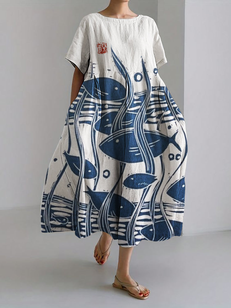 Comstylish Fish under Sea Japanese Lino Art Linen Blend Maxi Dress