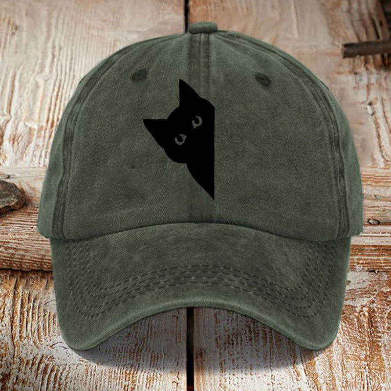 Comstylish Japanese Art Black Cat Print Washed Sun Hat