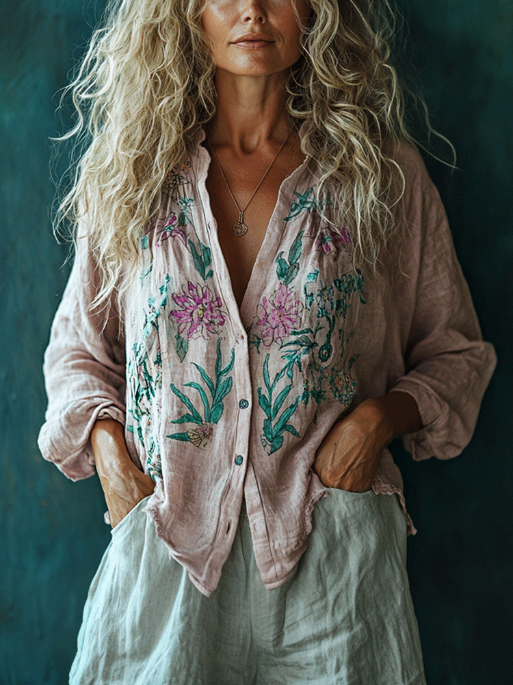 Women's Linen Bohemia Style Plain Long-sleeved Breathable Top Shirt artswardrobe