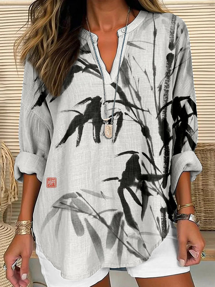 Comstylish Bamboo Ink Painting Art Linen Blend Cozy Shirt