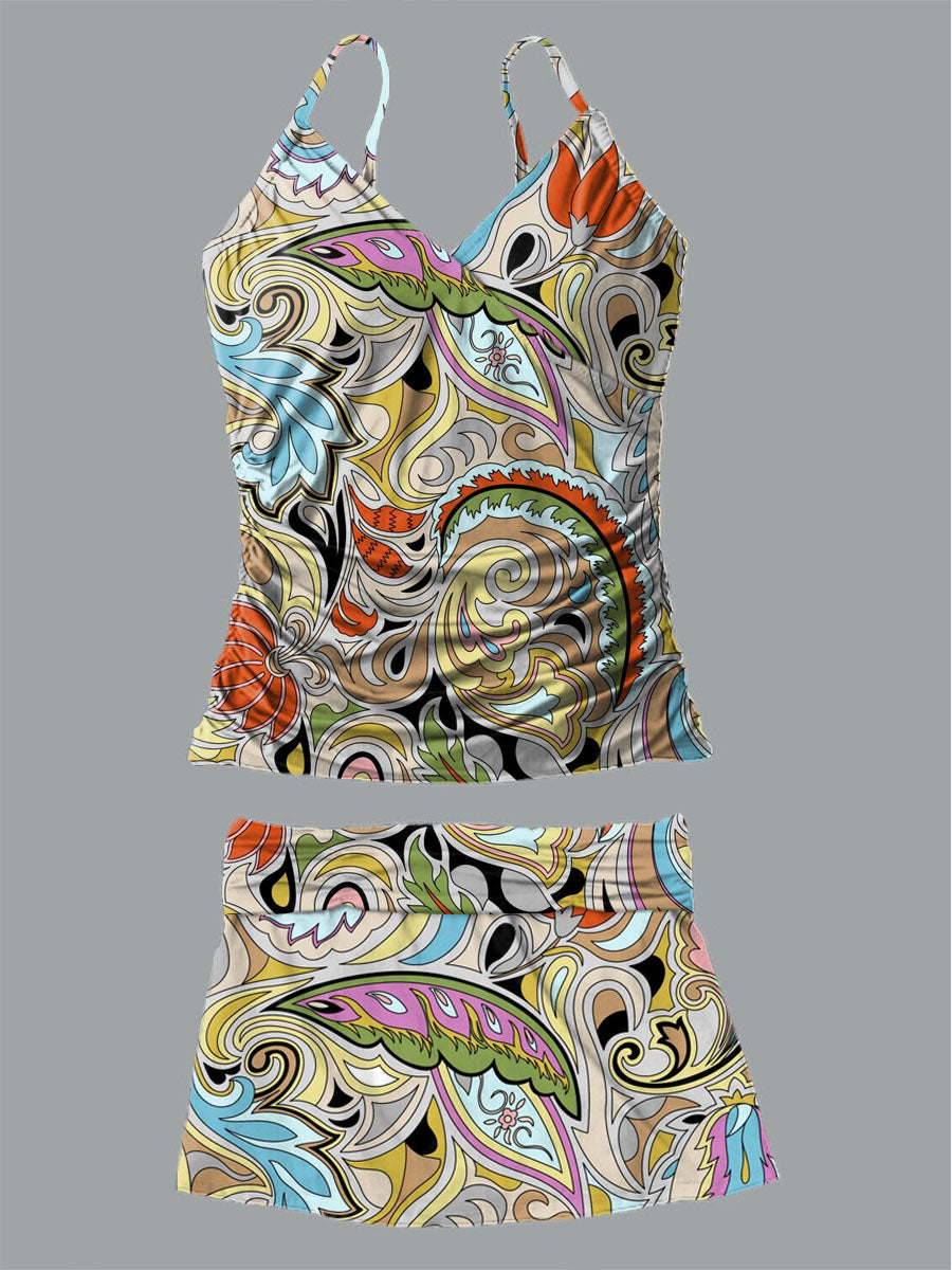 Women's Vintage Bohemian Floral Print Shirred Suspender Swimsuit Set