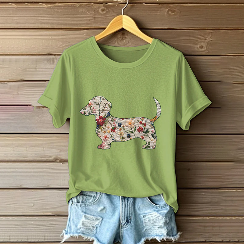 Comstylish Women's Classic Dachshund In Floral Inspired Painting Embroidered Casual Linen T-shirt