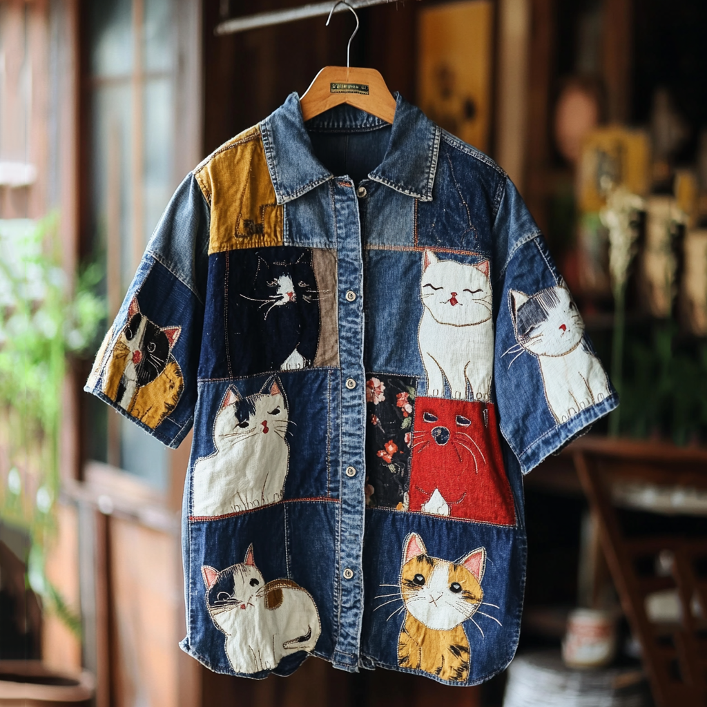 Vintage Cute Cat Patchwork Denim Print Shirt artswardrobe