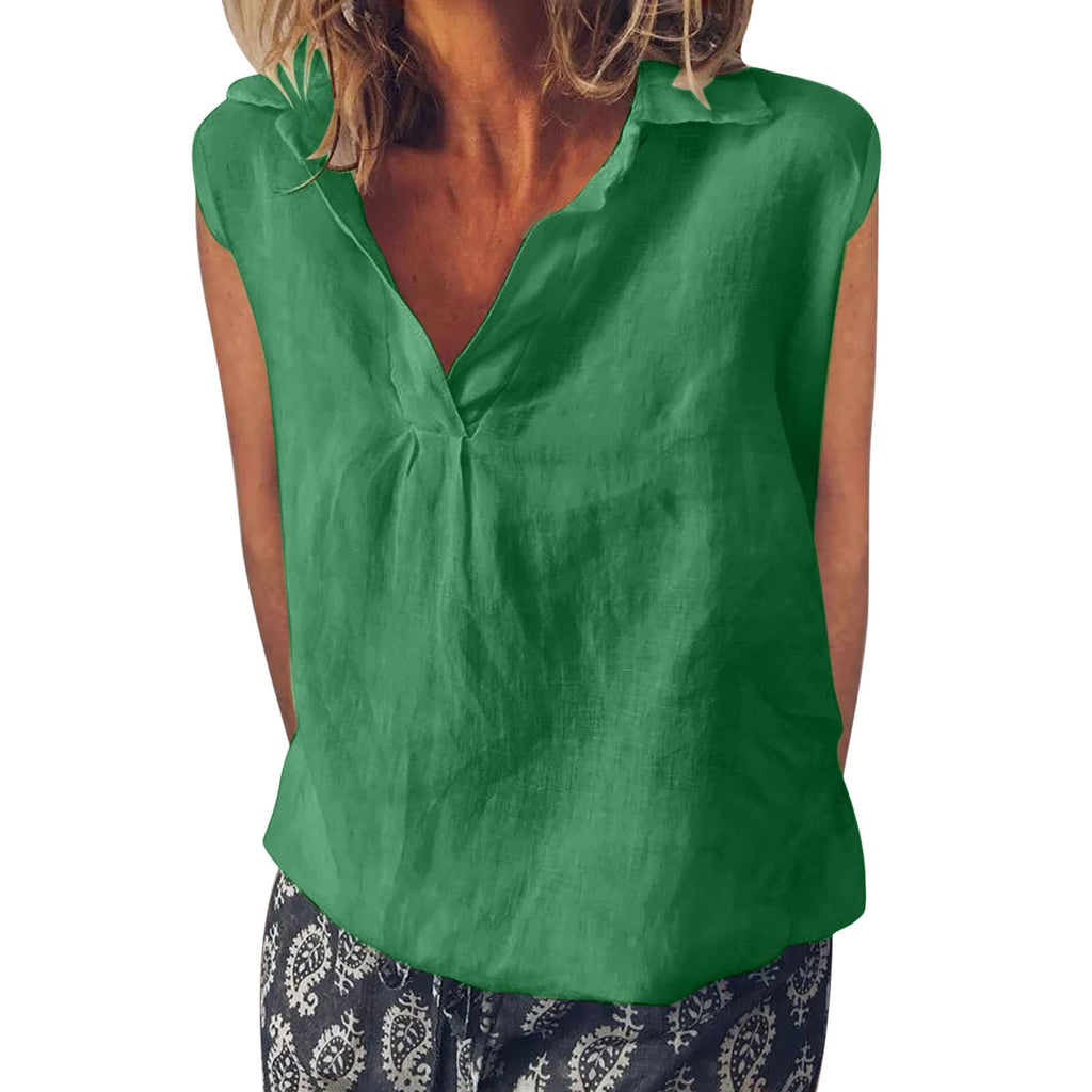 Comstylish Vintage Solid Color V Neck Cotton Linen Comfy Shirt