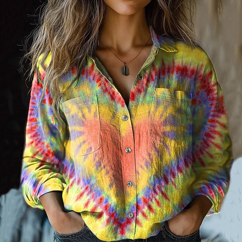Comstylish Women's Retro Colorful Heart Tie-dye Print Shirt