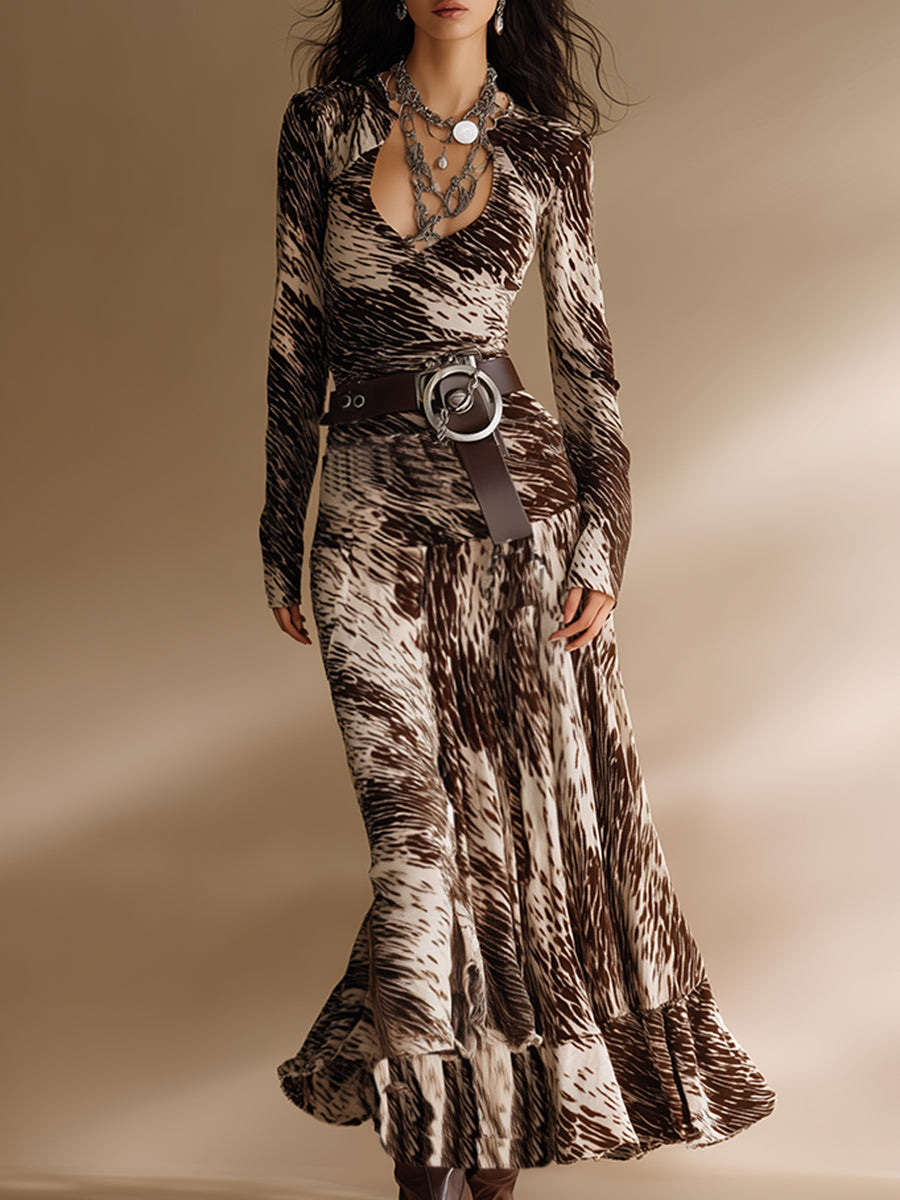 Fashionable Ethnic Brown And White Printed Velvet Maxi Dress