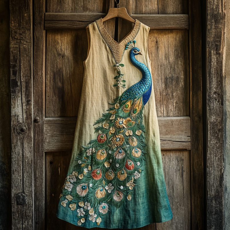 Comstylish Vintage Peacock And Floral Embroidery In Gradient Pattern Sleeveless Midi Dress