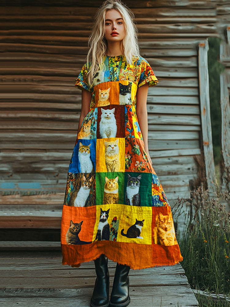 Pop Art Cute Cat Patchwork Design Cotton Linen Dress elevenforest