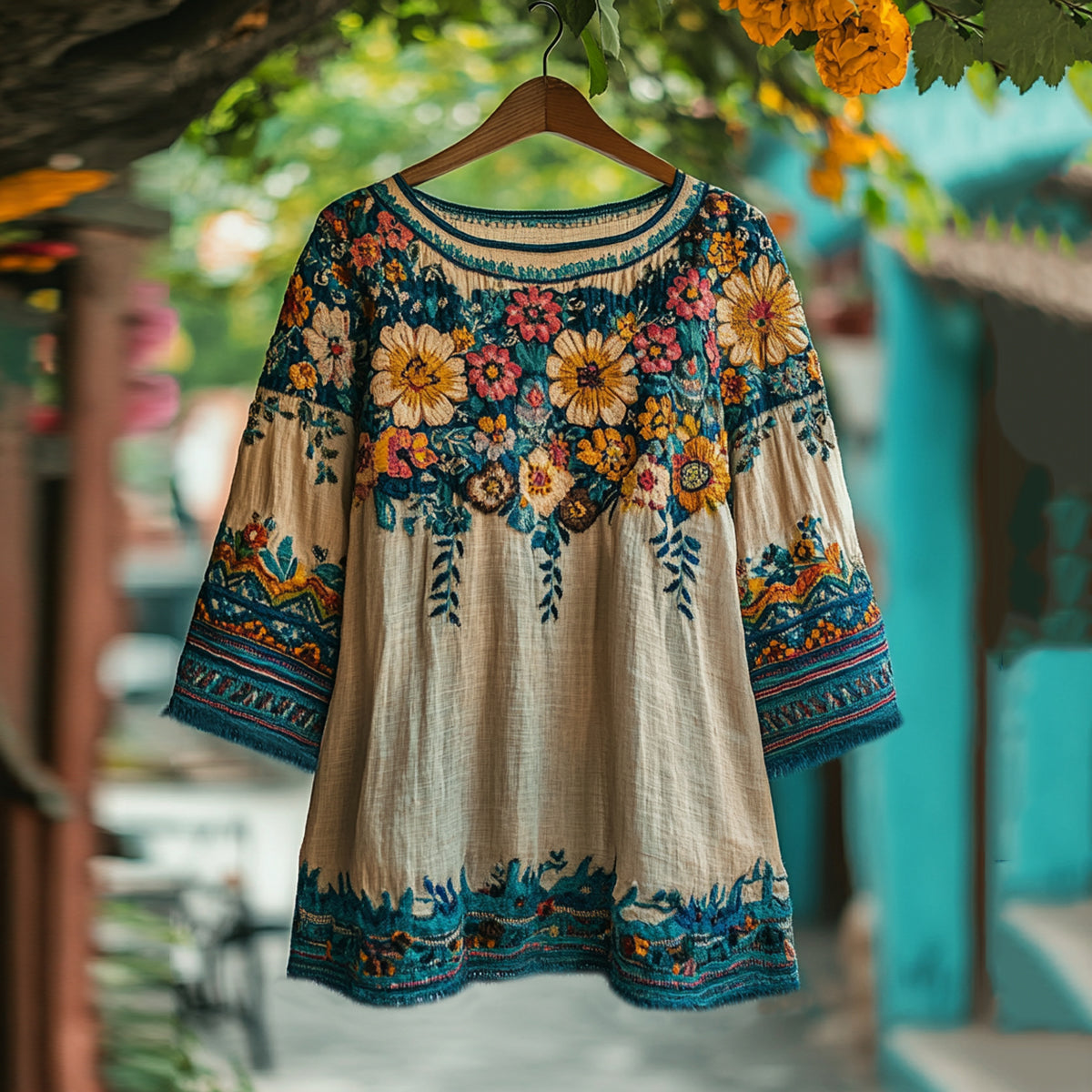 Women's Bohemian Vacation Floral Round Neck T-shirt artswardrobe