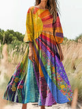 Women's Colorful Sun Collage Art Print Flowy Cotton Crew Neck Dress