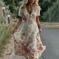 Women's Vintage Floral Embroidery V Neck Casual Maxi Dress artswardrobe