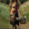 Women's Retro Rose Flower Art Print V-neck Linen Blend Midi Dress artswardrobe