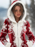 Comstylish Christmas Santa Snowflakes Contrast Full Zip Cozy Plush Hoodie
