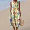Women's Vintage Cute Cat Art Print Linen Dress artswardrobe