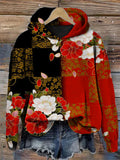Comstylish Elegant Floral Japanese Art Contrast Color Hoodie