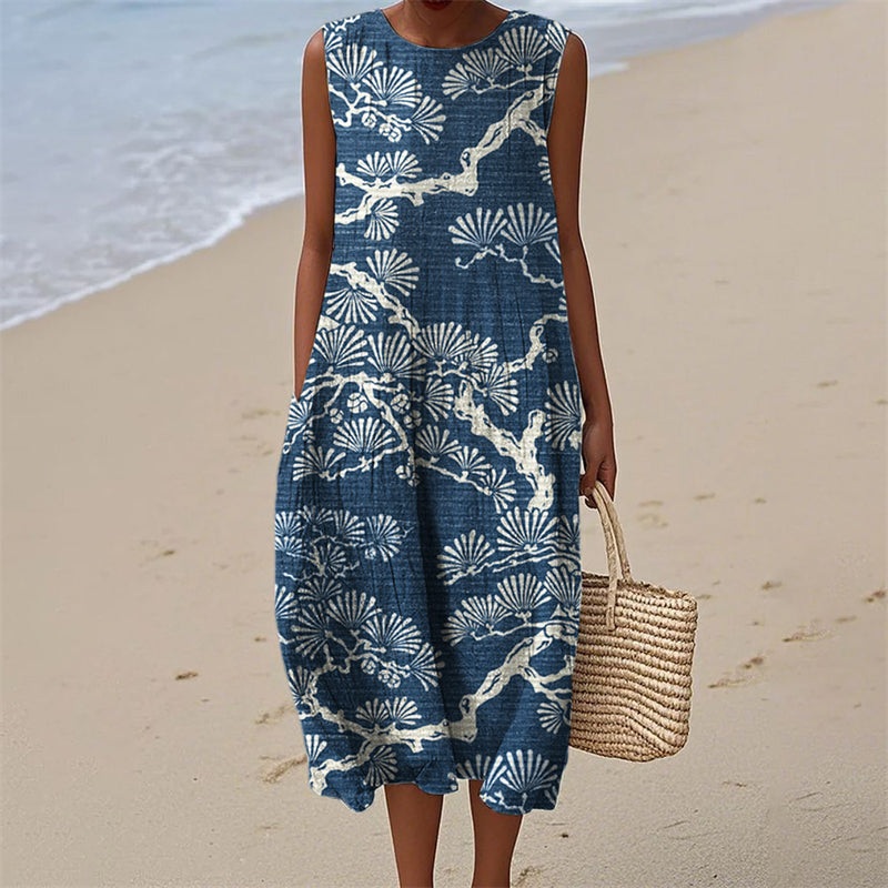 Comstylish Pine Trees Japanese Lino Pattern Flowy Linen Tank Dress