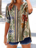 Women's Vintage Ethnic Floral Art Print Casual Cotton And Linen Shirt