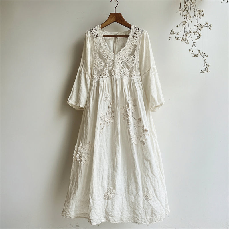 Vintage Floral Hollow Lace Patchwork Linen Maxi Dress artswardrobe