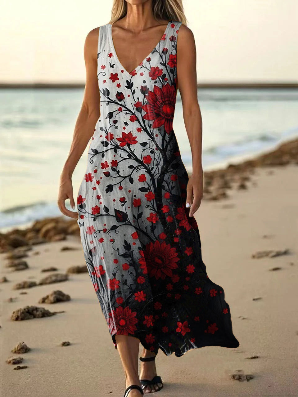 Women's Vintage Floral Case Art Print Pocket Cotton Dresses