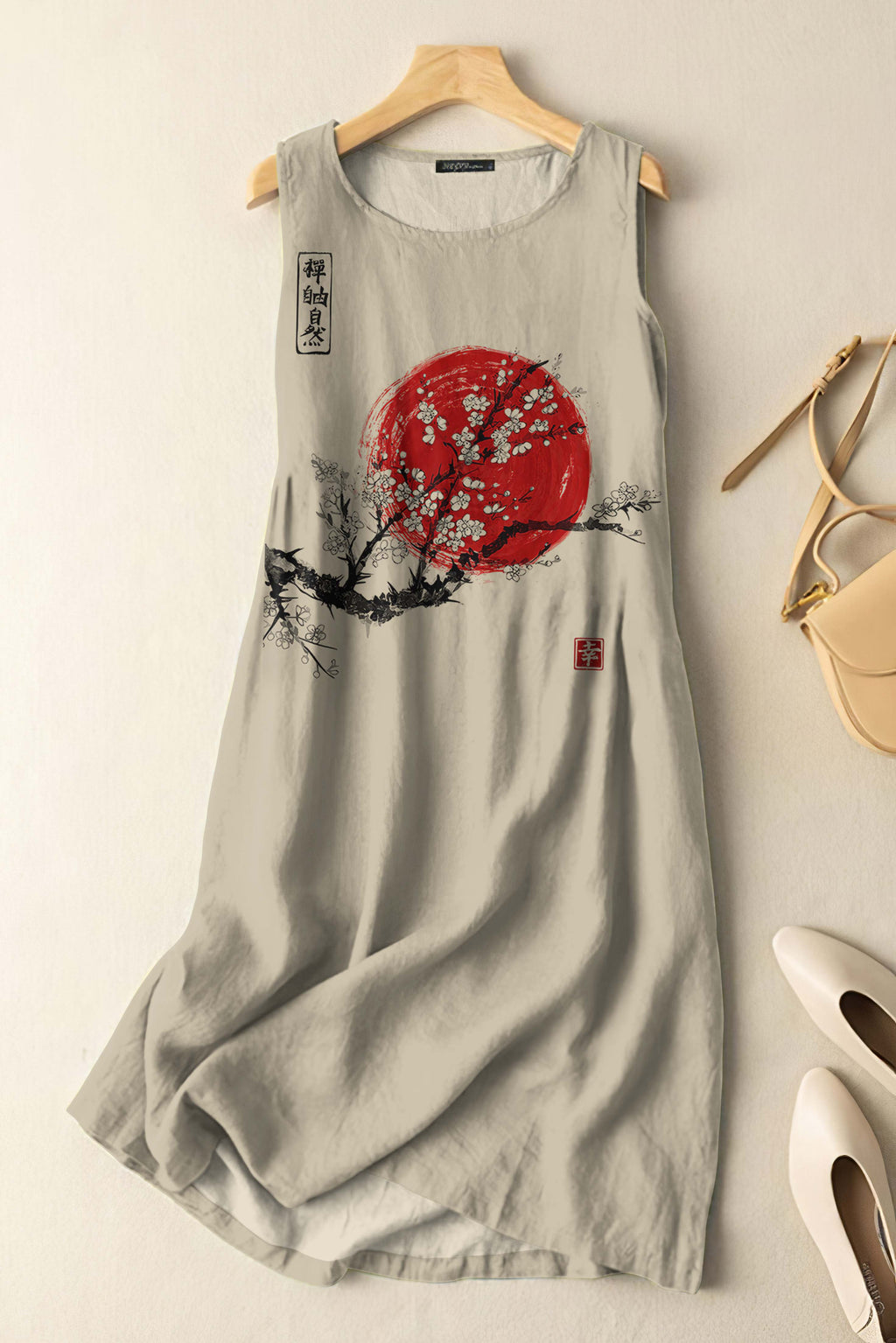 Comstylish Vintage Japanese Ink Flower Sunrise Art Print Sleeveless Cotton And Linen Midi Dress