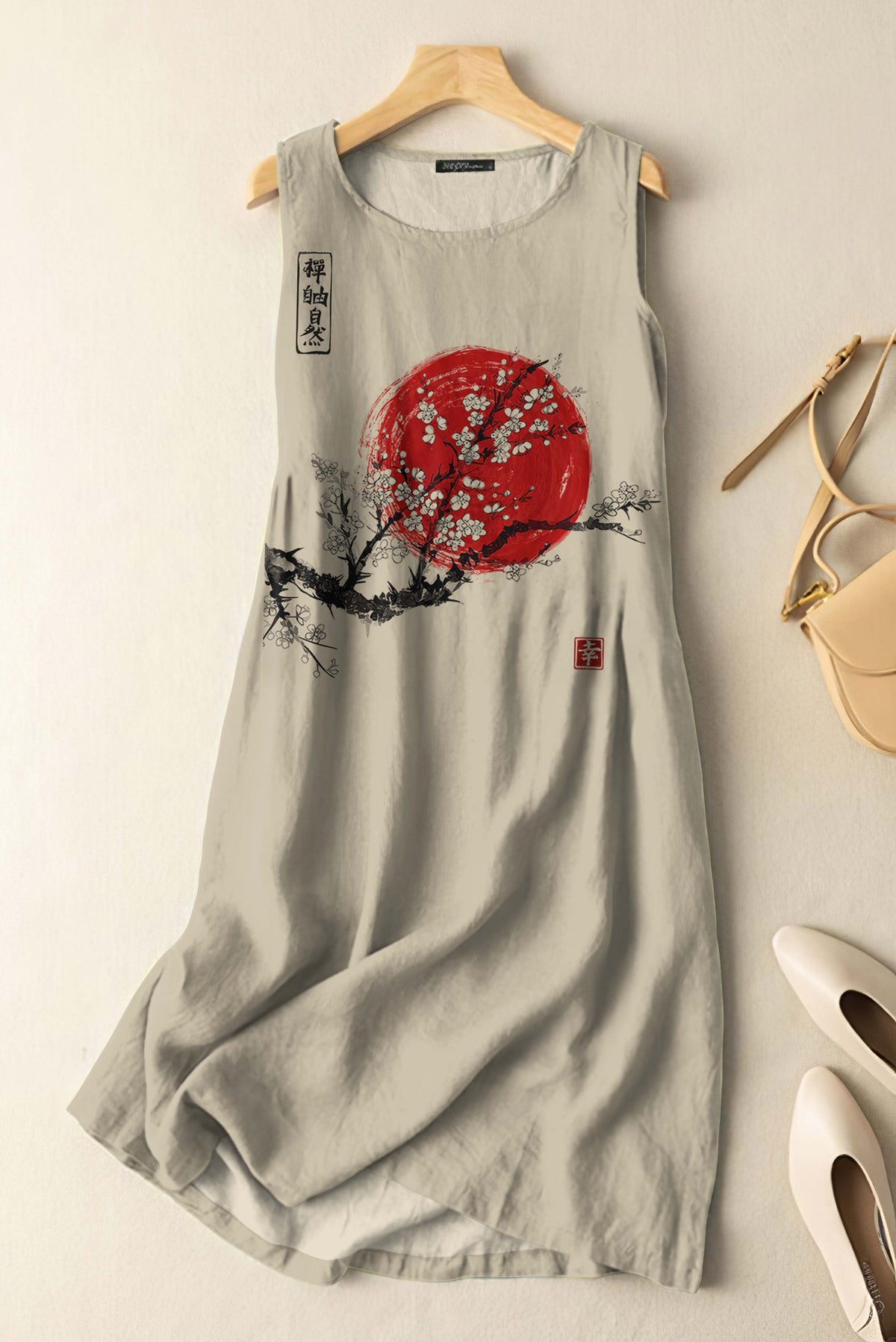 Comstylish Vintage Japanese Ink Flower Sunrise Art Print Sleeveless Cotton And Linen Midi Dress