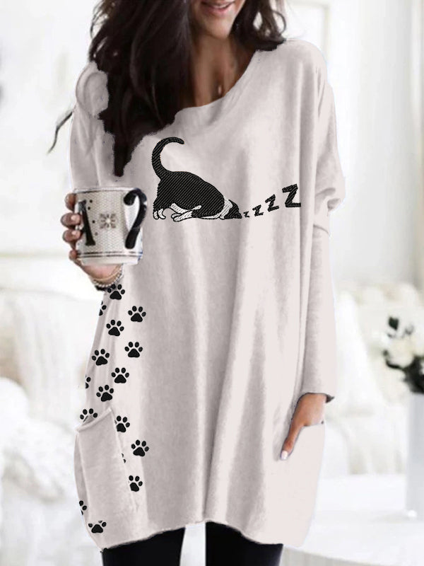 Comstylish Cute Sleeping Cat Embroidered Comfy Tunic