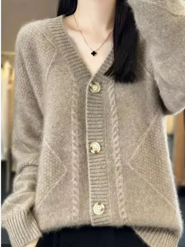Cashmere Blend Cardigan with Delicate Cable Trim and Button Front