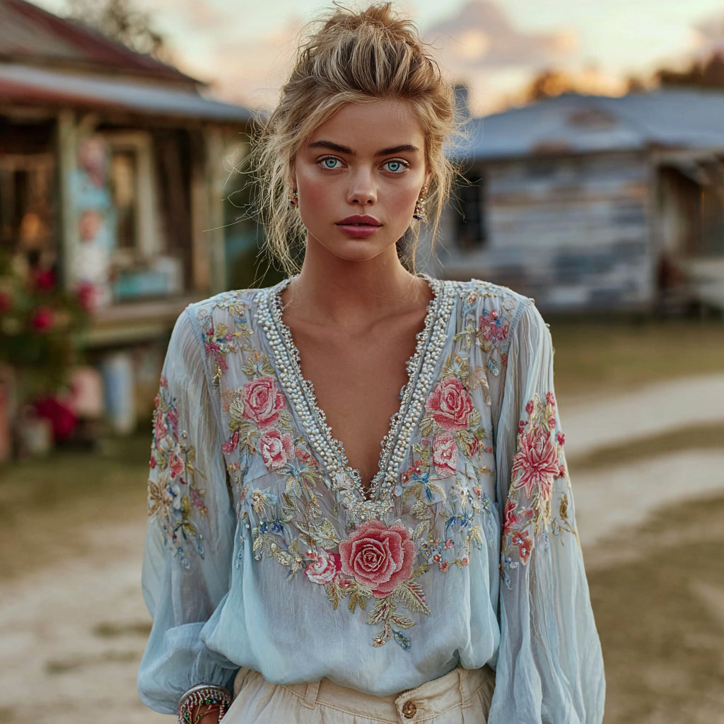 Comstylish Women's Vintage Floral Embroidery Linen Blend V-neck Shirt