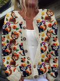 Comstylish Sugar Skull Cats Embroidered Crew Neck Cozy Knit Cardigan