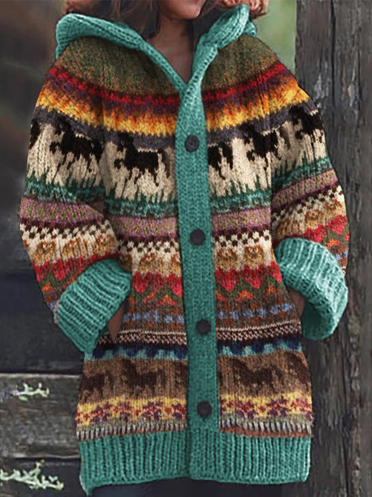 Running Horses Colorful Isle Cozy Knit Hooded Cardigan elevenforest