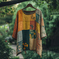 Vintage Color Block Floral Loose Linen Blend T-shirt artswardrobe