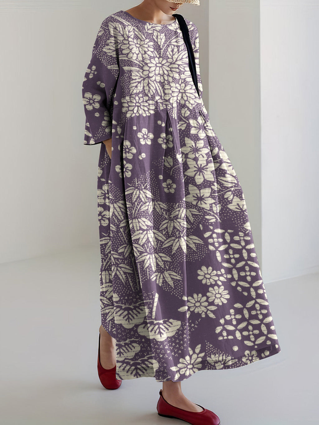 Comstylish Vintage Japanese Art Flower Print Casual Midi Dress