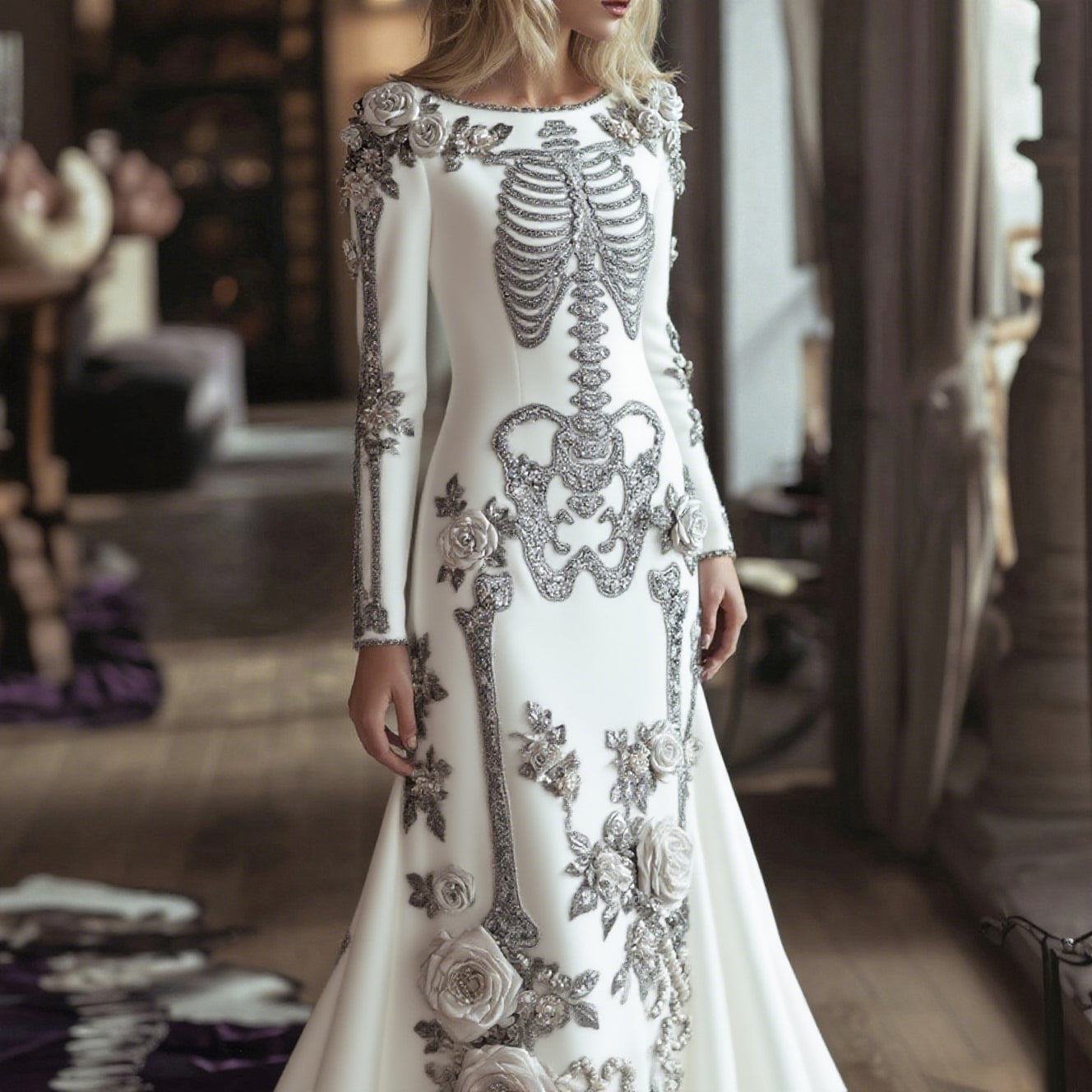 Comstylish Women's Halloween Dark Gothic Rose Skeleton Velvet Round Neck Maxi Dress