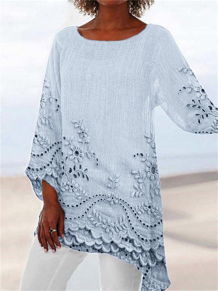 Comstylish Cottage Floral Embroidered Lace Hem Linen Blend Flowy Tunic