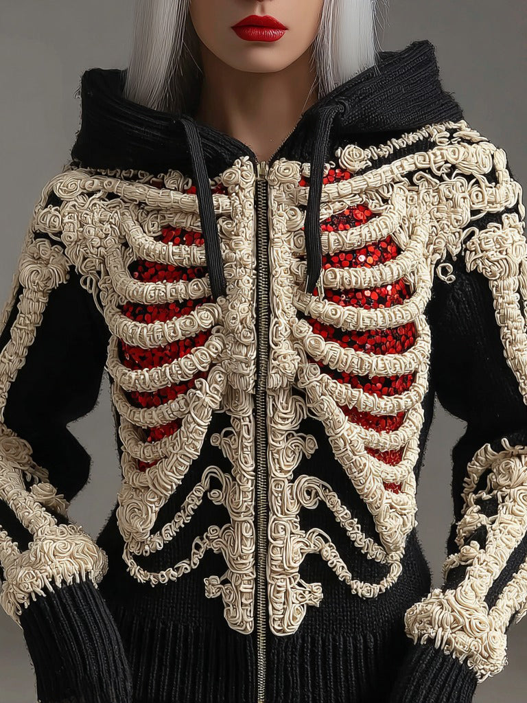 Comstylish Halloween Skull Sequin Art Knit Zipper Hooded Sweater