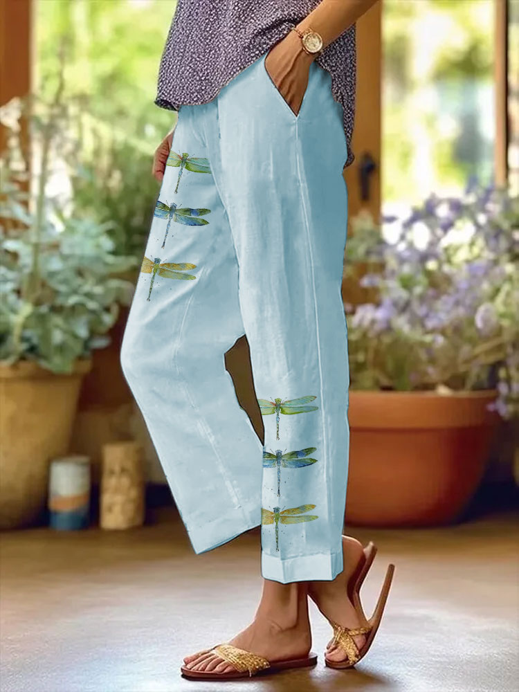 Comstylish Women's Watercolor Dragonfly Print Casual Pants