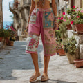 Classic Retro Rose And Floral Patchwork Art Contrast Waist Elastic Pocket Shorts artswardrobe